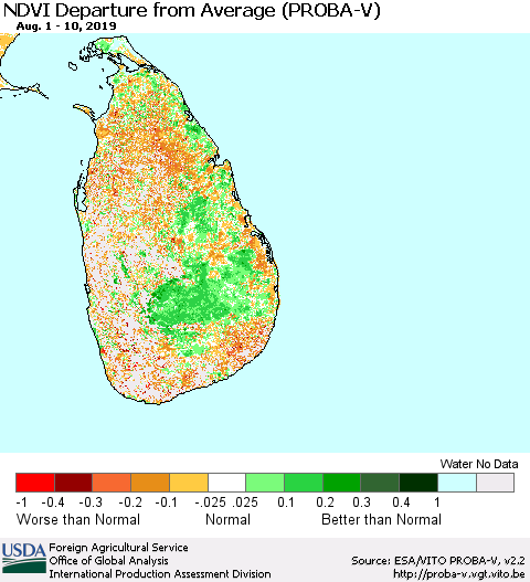 Sri Lanka NDVI Departure from Average (PROBA-V) Thematic Map For 8/1/2019 - 8/10/2019