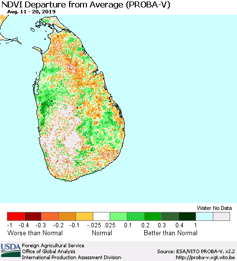 Sri Lanka NDVI Departure from Average (PROBA-V) Thematic Map For 8/11/2019 - 8/20/2019