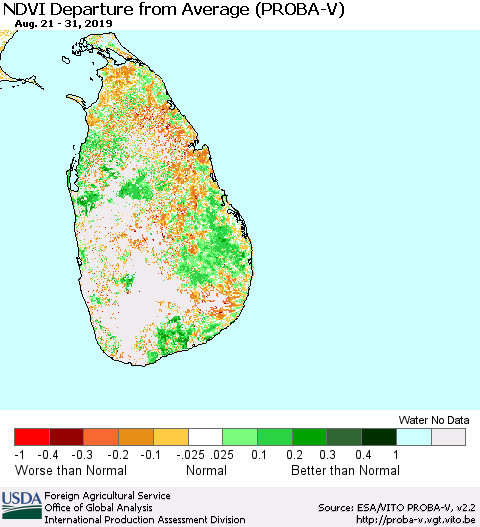 Sri Lanka NDVI Departure from Average (PROBA-V) Thematic Map For 8/21/2019 - 8/31/2019