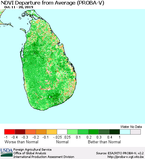 Sri Lanka NDVI Departure from Average (PROBA-V) Thematic Map For 10/11/2019 - 10/20/2019