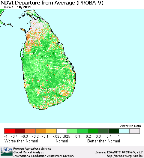 Sri Lanka NDVI Departure from Average (PROBA-V) Thematic Map For 11/1/2019 - 11/10/2019