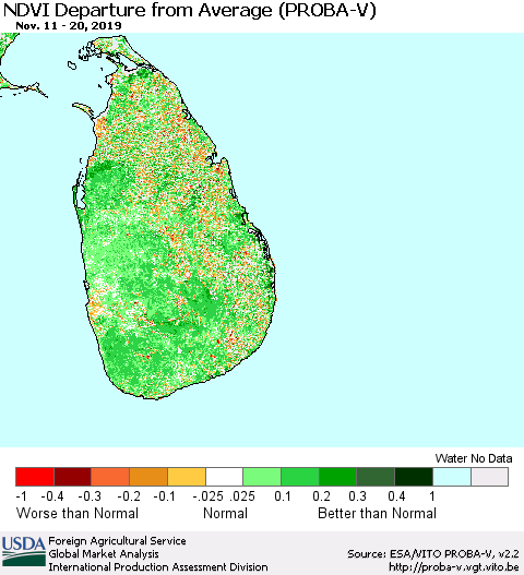 Sri Lanka NDVI Departure from Average (PROBA-V) Thematic Map For 11/11/2019 - 11/20/2019