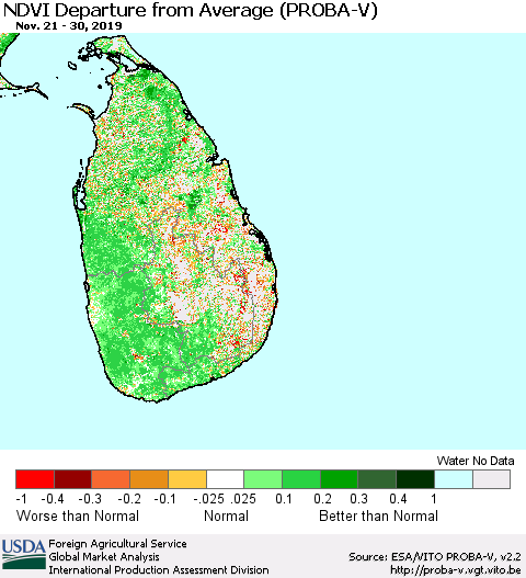 Sri Lanka NDVI Departure from Average (PROBA-V) Thematic Map For 11/21/2019 - 11/30/2019