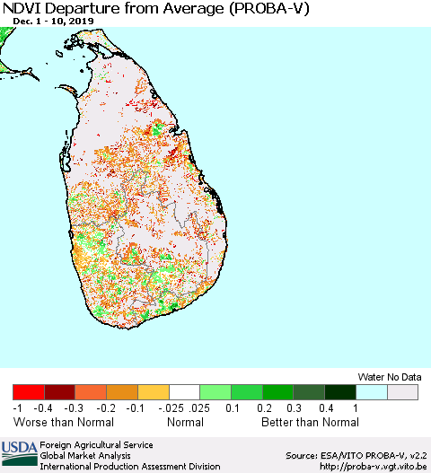 Sri Lanka NDVI Departure from Average (PROBA-V) Thematic Map For 12/1/2019 - 12/10/2019