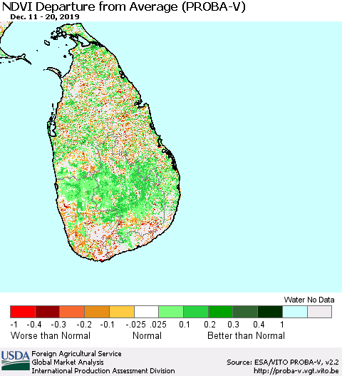 Sri Lanka NDVI Departure from Average (PROBA-V) Thematic Map For 12/11/2019 - 12/20/2019