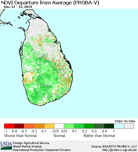Sri Lanka NDVI Departure from Average (PROBA-V) Thematic Map For 12/21/2019 - 12/31/2019
