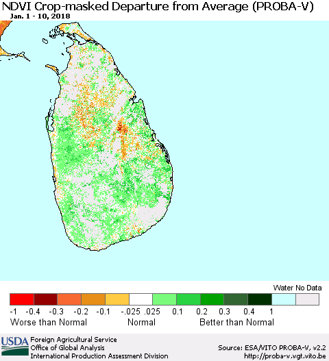 Sri Lanka NDVI Crop-masked Departure from Average (PROBA-V) Thematic Map For 1/1/2018 - 1/10/2018