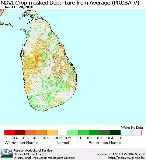 Sri Lanka NDVI Crop-masked Departure from Average (PROBA-V) Thematic Map For 1/11/2018 - 1/20/2018