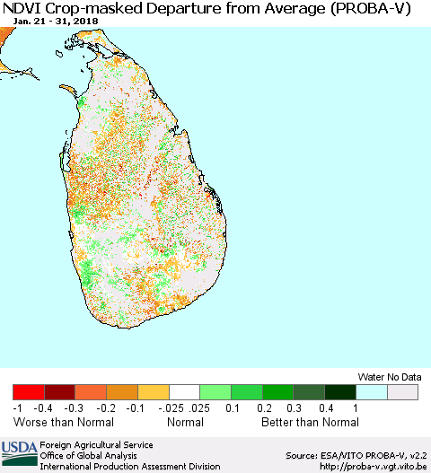 Sri Lanka NDVI Crop-masked Departure from Average (PROBA-V) Thematic Map For 1/21/2018 - 1/31/2018