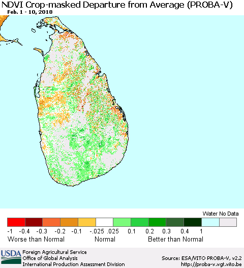 Sri Lanka NDVI Crop-masked Departure from Average (PROBA-V) Thematic Map For 2/1/2018 - 2/10/2018