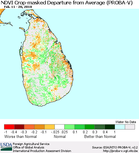 Sri Lanka NDVI Crop-masked Departure from Average (PROBA-V) Thematic Map For 2/11/2018 - 2/20/2018