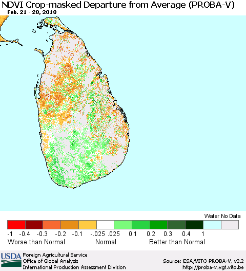 Sri Lanka NDVI Crop-masked Departure from Average (PROBA-V) Thematic Map For 2/21/2018 - 2/28/2018