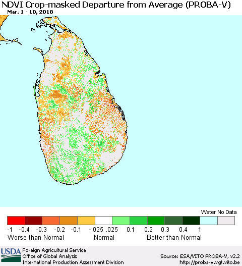 Sri Lanka NDVI Crop-masked Departure from Average (PROBA-V) Thematic Map For 3/1/2018 - 3/10/2018