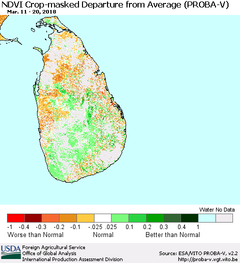 Sri Lanka NDVI Crop-masked Departure from Average (PROBA-V) Thematic Map For 3/11/2018 - 3/20/2018