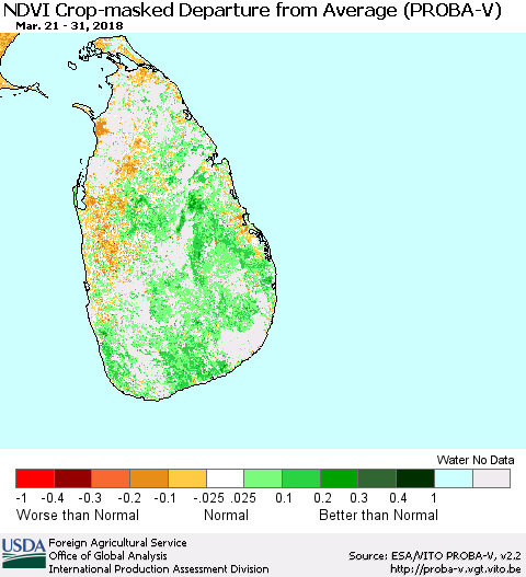 Sri Lanka NDVI Crop-masked Departure from Average (PROBA-V) Thematic Map For 3/21/2018 - 3/31/2018