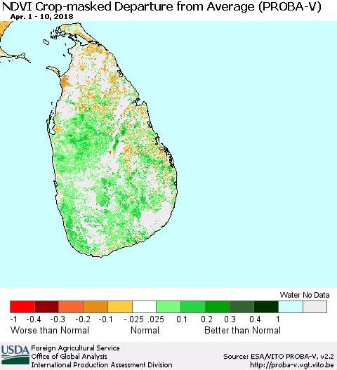 Sri Lanka NDVI Crop-masked Departure from Average (PROBA-V) Thematic Map For 4/1/2018 - 4/10/2018