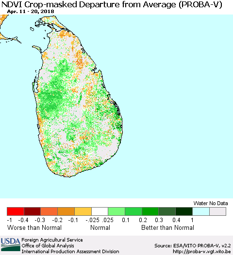 Sri Lanka NDVI Crop-masked Departure from Average (PROBA-V) Thematic Map For 4/11/2018 - 4/20/2018