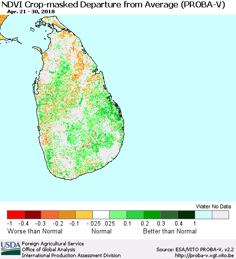 Sri Lanka NDVI Crop-masked Departure from Average (PROBA-V) Thematic Map For 4/21/2018 - 4/30/2018