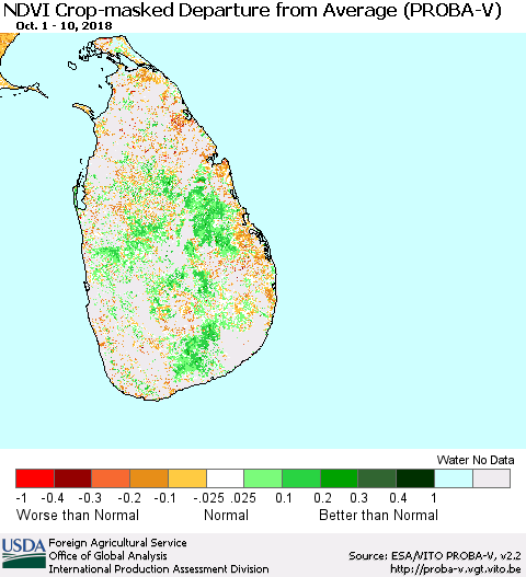 Sri Lanka NDVI Crop-masked Departure from Average (PROBA-V) Thematic Map For 10/1/2018 - 10/10/2018