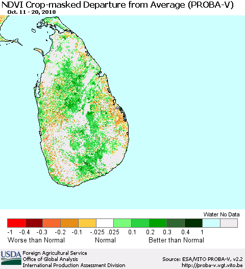 Sri Lanka NDVI Crop-masked Departure from Average (PROBA-V) Thematic Map For 10/11/2018 - 10/20/2018