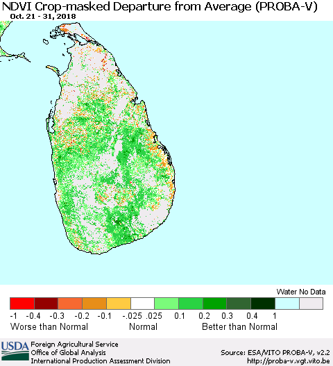 Sri Lanka NDVI Crop-masked Departure from Average (PROBA-V) Thematic Map For 10/21/2018 - 10/31/2018