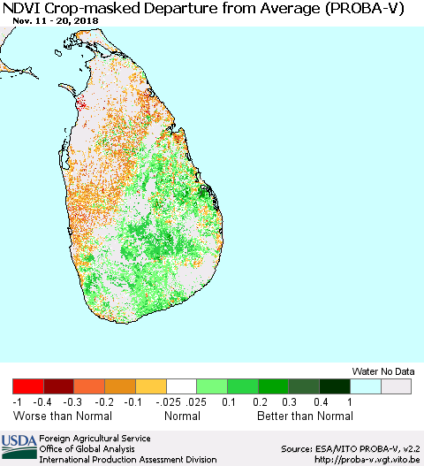 Sri Lanka NDVI Crop-masked Departure from Average (PROBA-V) Thematic Map For 11/11/2018 - 11/20/2018