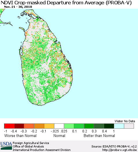 Sri Lanka NDVI Crop-masked Departure from Average (PROBA-V) Thematic Map For 11/21/2018 - 11/30/2018
