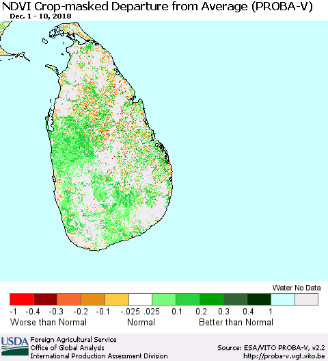Sri Lanka NDVI Crop-masked Departure from Average (PROBA-V) Thematic Map For 12/1/2018 - 12/10/2018