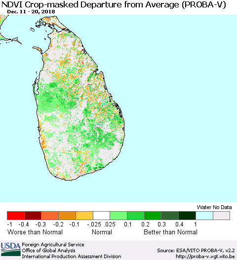 Sri Lanka NDVI Crop-masked Departure from Average (PROBA-V) Thematic Map For 12/11/2018 - 12/20/2018