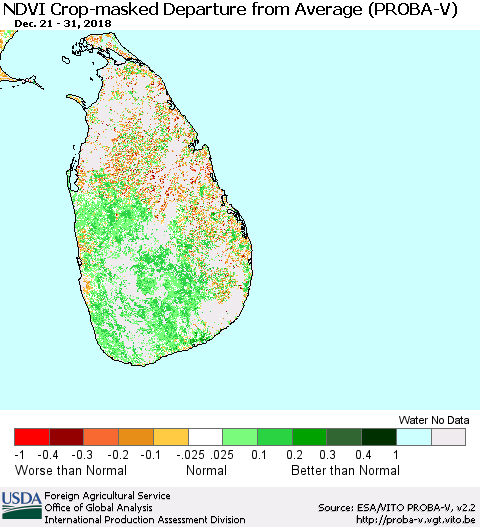 Sri Lanka NDVI Crop-masked Departure from Average (PROBA-V) Thematic Map For 12/21/2018 - 12/31/2018