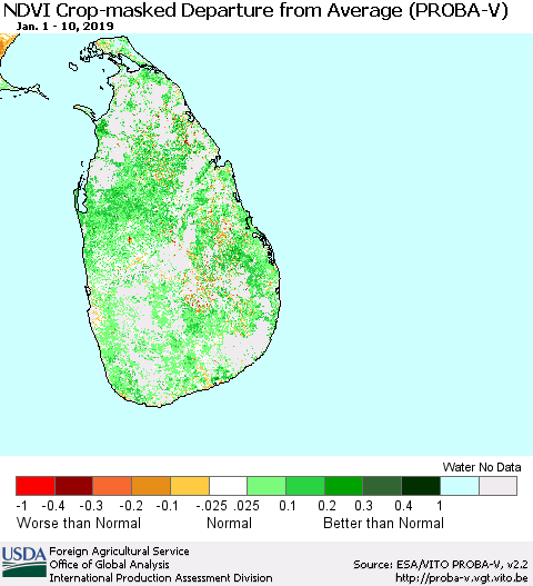 Sri Lanka NDVI Crop-masked Departure from Average (PROBA-V) Thematic Map For 1/1/2019 - 1/10/2019