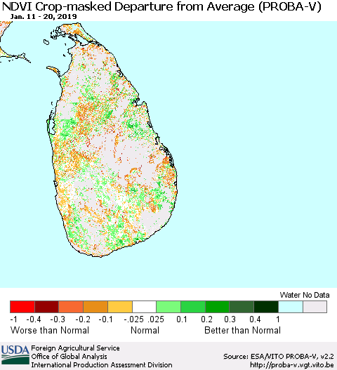 Sri Lanka NDVI Crop-masked Departure from Average (PROBA-V) Thematic Map For 1/11/2019 - 1/20/2019