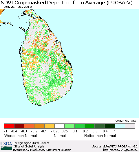 Sri Lanka NDVI Crop-masked Departure from Average (PROBA-V) Thematic Map For 1/21/2019 - 1/31/2019