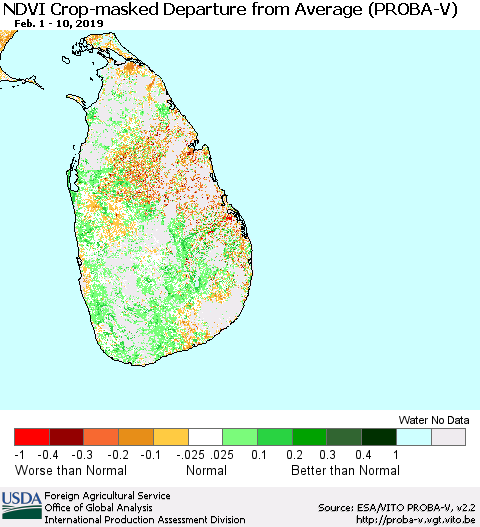 Sri Lanka NDVI Crop-masked Departure from Average (PROBA-V) Thematic Map For 2/1/2019 - 2/10/2019