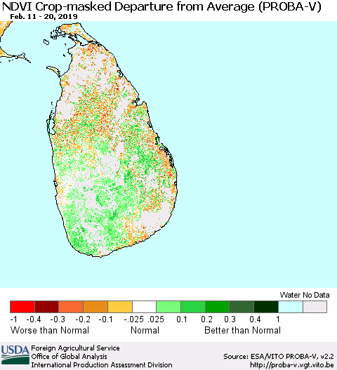 Sri Lanka NDVI Crop-masked Departure from Average (PROBA-V) Thematic Map For 2/11/2019 - 2/20/2019