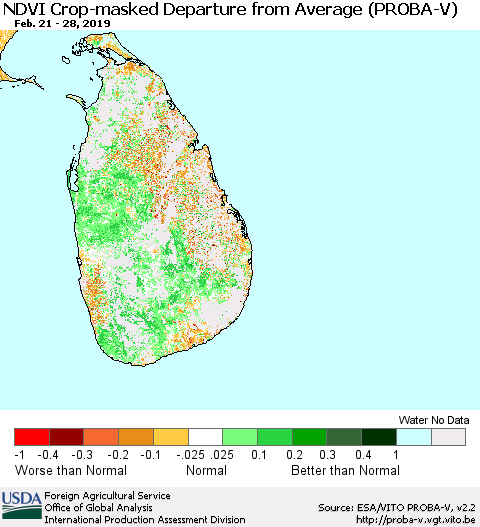 Sri Lanka NDVI Crop-masked Departure from Average (PROBA-V) Thematic Map For 2/21/2019 - 2/28/2019