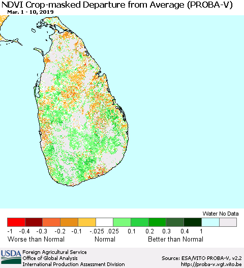 Sri Lanka NDVI Crop-masked Departure from Average (PROBA-V) Thematic Map For 3/1/2019 - 3/10/2019