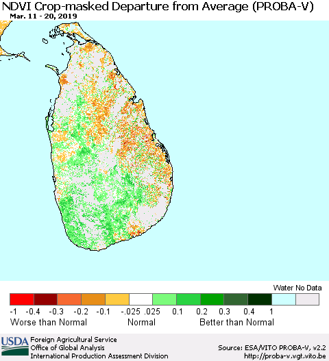Sri Lanka NDVI Crop-masked Departure from Average (PROBA-V) Thematic Map For 3/11/2019 - 3/20/2019