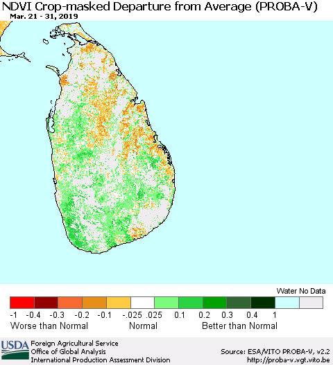 Sri Lanka NDVI Crop-masked Departure from Average (PROBA-V) Thematic Map For 3/21/2019 - 3/31/2019
