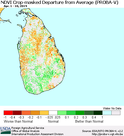 Sri Lanka NDVI Crop-masked Departure from Average (PROBA-V) Thematic Map For 4/1/2019 - 4/10/2019