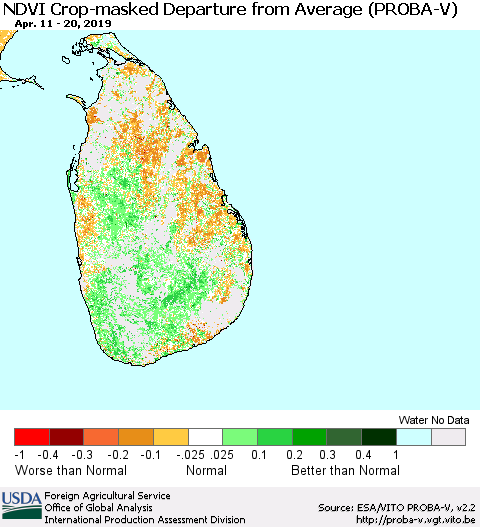 Sri Lanka NDVI Crop-masked Departure from Average (PROBA-V) Thematic Map For 4/11/2019 - 4/20/2019