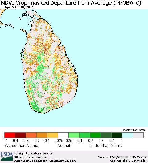 Sri Lanka NDVI Crop-masked Departure from Average (PROBA-V) Thematic Map For 4/21/2019 - 4/30/2019