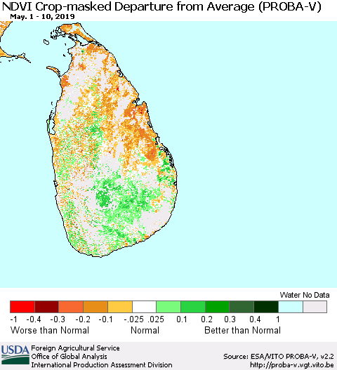 Sri Lanka NDVI Crop-masked Departure from Average (PROBA-V) Thematic Map For 5/1/2019 - 5/10/2019