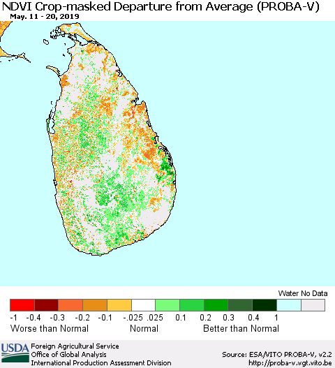 Sri Lanka NDVI Crop-masked Departure from Average (PROBA-V) Thematic Map For 5/11/2019 - 5/20/2019
