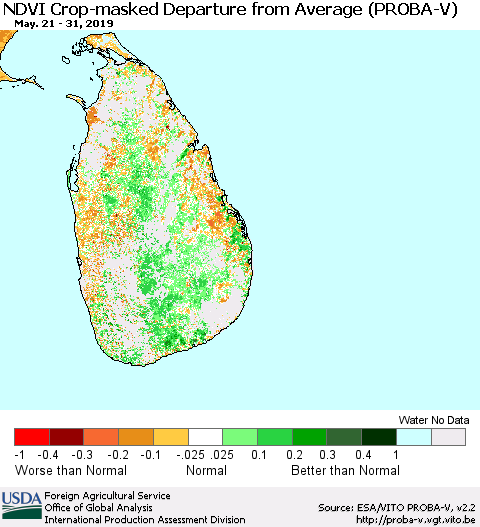 Sri Lanka NDVI Crop-masked Departure from Average (PROBA-V) Thematic Map For 5/21/2019 - 5/31/2019