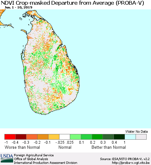 Sri Lanka NDVI Crop-masked Departure from Average (PROBA-V) Thematic Map For 6/1/2019 - 6/10/2019