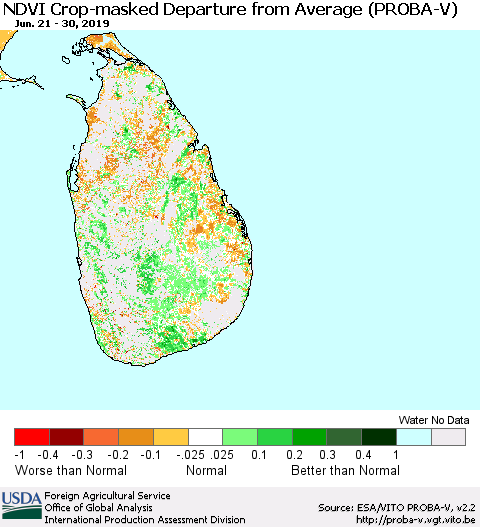 Sri Lanka NDVI Crop-masked Departure from Average (PROBA-V) Thematic Map For 6/21/2019 - 6/30/2019