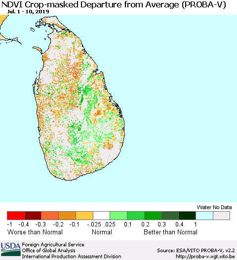 Sri Lanka NDVI Crop-masked Departure from Average (PROBA-V) Thematic Map For 7/1/2019 - 7/10/2019