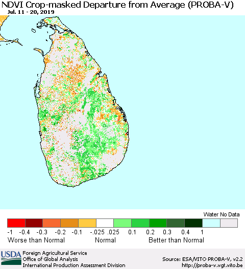 Sri Lanka NDVI Crop-masked Departure from Average (PROBA-V) Thematic Map For 7/11/2019 - 7/20/2019