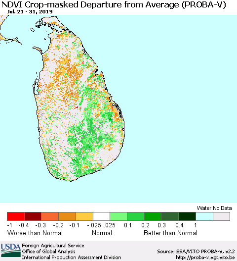 Sri Lanka NDVI Crop-masked Departure from Average (PROBA-V) Thematic Map For 7/21/2019 - 7/31/2019